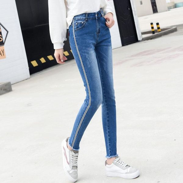 

women's jeans side striped women skinny pencil pants stretch woman 2021, Blue