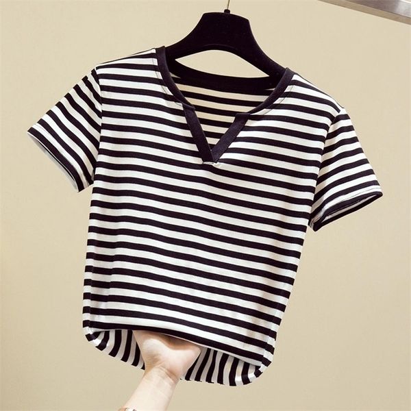 

summer simple striped t-shirt women cotton oversize v-neck knitted plain tees harajuku street casual female clothes 210315, White