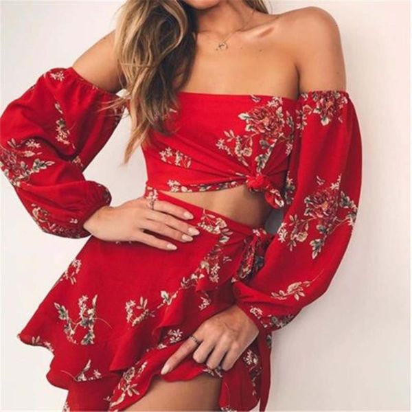 

fashion women ladies off shoulder cotton floral casual beach two piece crop skirt sets women clothes, Gray