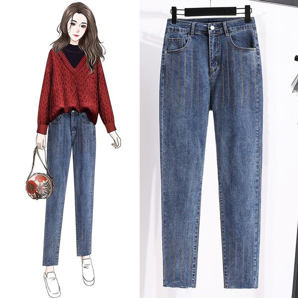 

women's jeans luxury design spring autumn korean style fashion women sequins high waist ladies casual blue denim pants s-3xl