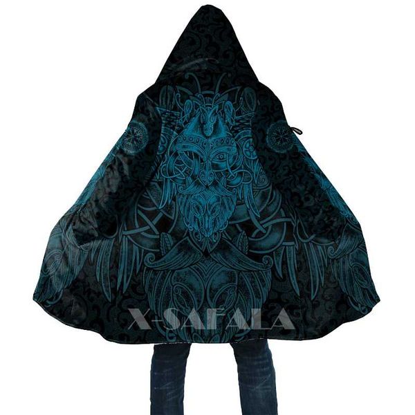 

men's wool & blends viking style odin with raven all over 3d printed oat overcoat thick warm hooded cloak coat for men windproof fleece, Black