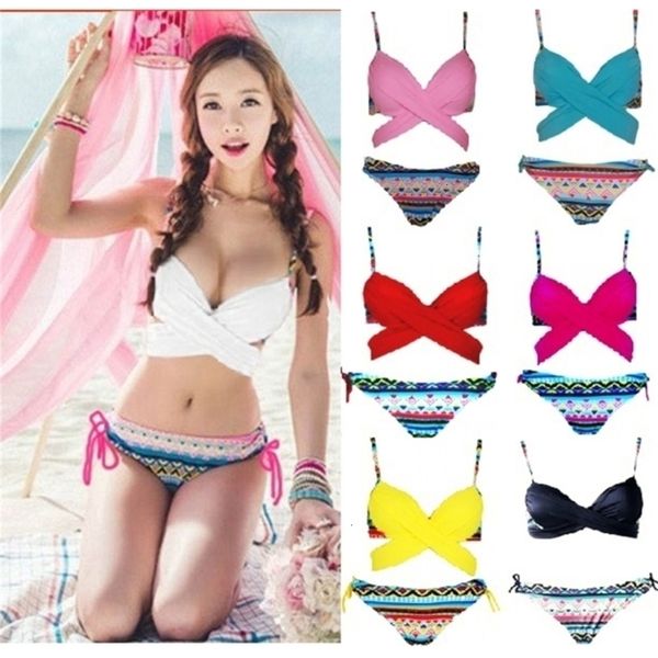 

korean style criss cross halter wrap bikini push up bathing suits print swimwear bottom women bandage swimsuit