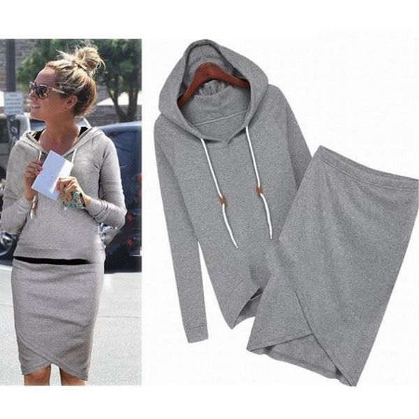 

2021 the new fleece suit women hooded cultivate hoodies skirts set female thicken loose cotton skirts split set suit, Gray