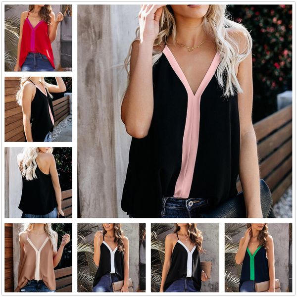 

summer european and american i vest women shirt 2021 contrast color v-neck sleeveless tee 251963, Gray;blue