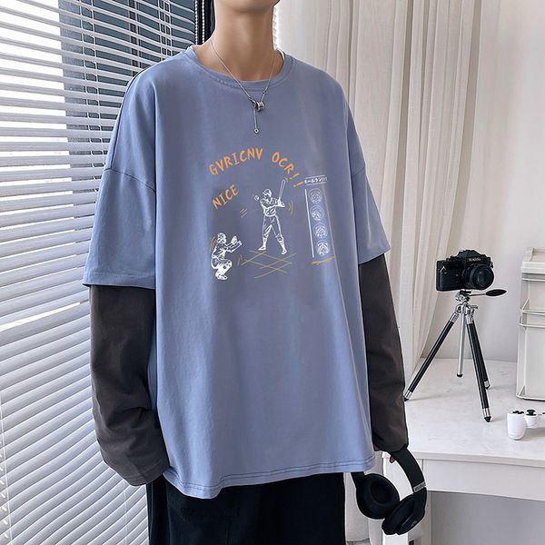 

cake 2021 spring new print young men's student casual loose long sleeve t-shirt fake two-piece top, White;black