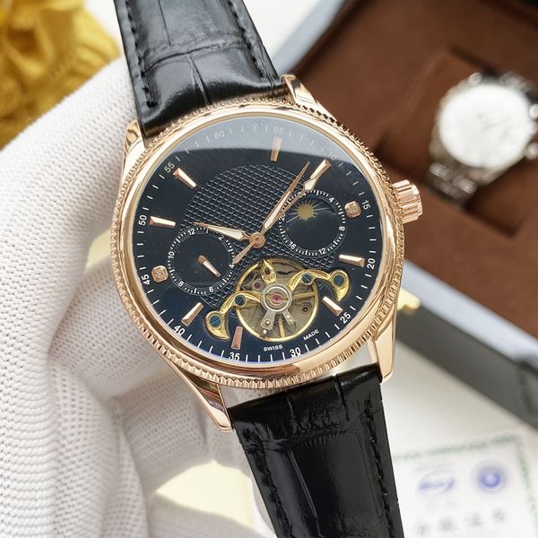 

2021 luxury mens watches large flywheel five stitches 42mm size automatic mechanical watch fashion moon phase wristwatch brand leather strap, Slivery;brown