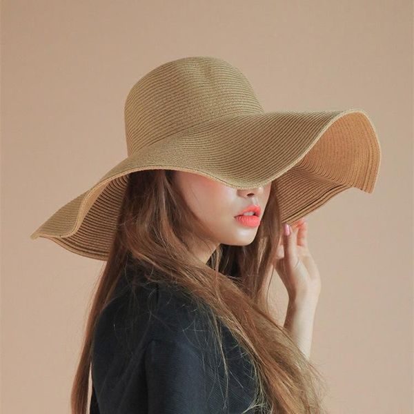

wide brim hats summer solid color straw hat women big along the beach sun simple foldable sunscreen uv resistant panama, Blue;gray