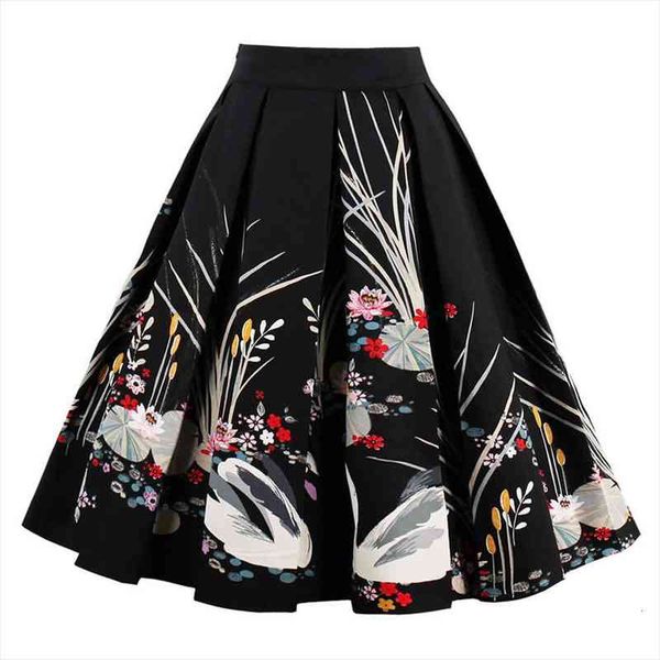 

summer high waist office skirts black swan pattern print cotton skirts a line elegant women 1950s vintage pleated