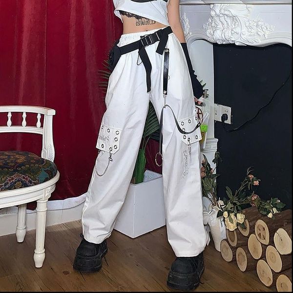 

hip hop overalls autumn fashion womens pant trousers white casual embroidery wide leg pants chain loose, Black;white