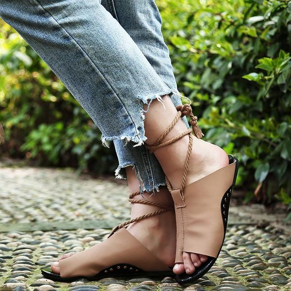

vintage lace up gladiator sandals women flat flip flop woman summer ankle strap casual comfort shoes flat sandalias mujer, Black