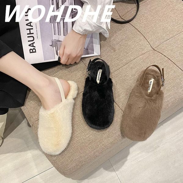 

slippers wohdhe women low flat heel winter indoor outdoor shoes leisure comfortable solid wool plush punk fur soft buckle relax, Black