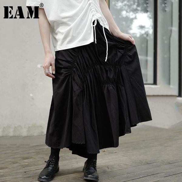 

eam] high elastic waist black pleated irregular stitch half-body skirt women fashion tide new spring autumn 2021 1y4980