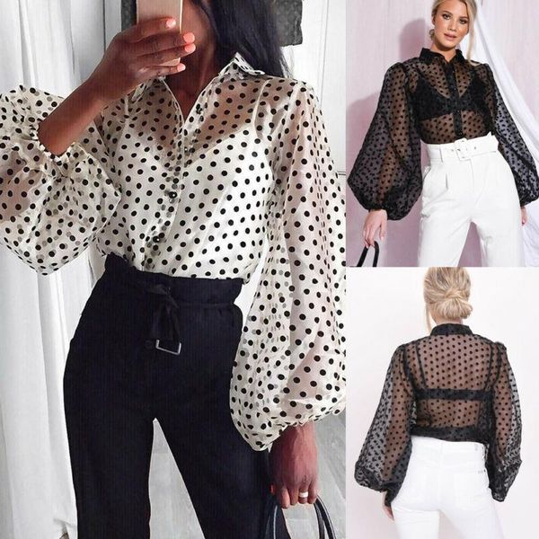 

polka dot blouse women blouses 2021 puff sleeve fashion long sleeve turn down collar shirt chiffon office blouse slim casual plus size, White