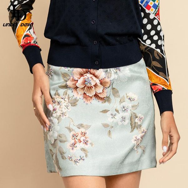 

ld linda della new 2021 summer fashion designer vintage skirts women high waist floral print beading elegant skirts, Black