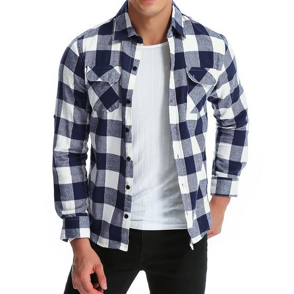 

men's casual shirts autumn spring plaid shirt long sleeve pockets fitness fashion leisure camisa men clothes 2021 plus size, White;black