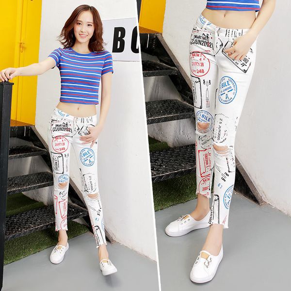 

2021 new women's low-waisted brim pants streetwear graffiti torn blank pencil hole ro5a, Blue