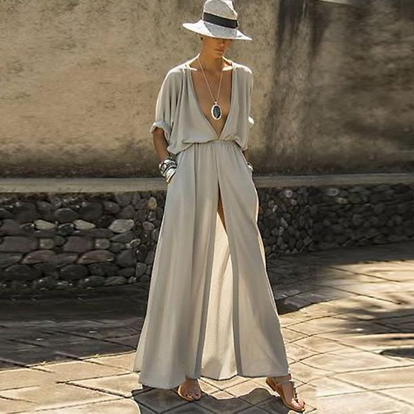 

2021 new deep v neck split bikini cover up women maxi dresses beach summer vestidos casual long robe plus size fbyu, White