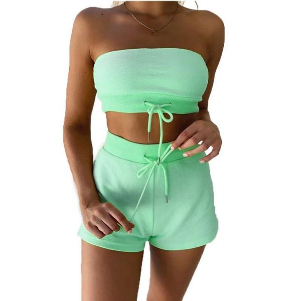 

new summer tracksuit women two-piece set solid color drawstrings wrapped chest crop and shorts womens fitness clothing, Gray