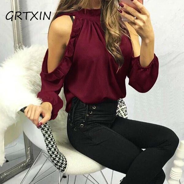 

fashion women casual blouse shirt spring summer open shoulder ruffle long sleeve ladies blouses feminine blouse, White
