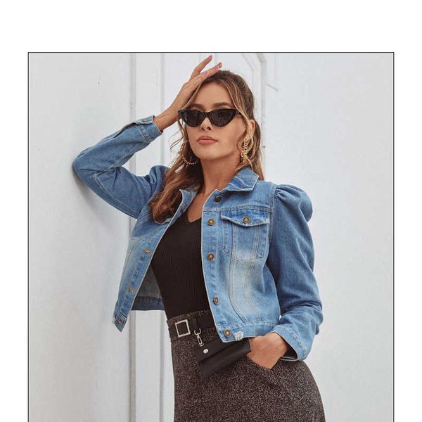 

fashion buy women denim high tail jas punk bubble mouw style slim cool girl chaqueta turn-down collar, Black;brown