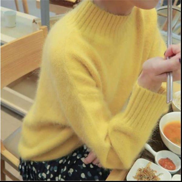 

new korean women knitted sweater autumn winter yellow mink cashmere soft warm pullovers casual loose stand collar, White;black