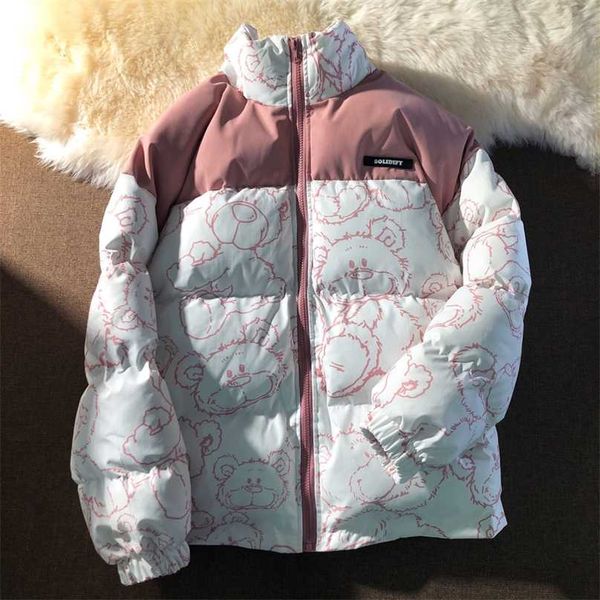 

fashion cartoons printed cotton windbreaker jacket zip coats jackets winter women warm thicken outwear loose parka coat 211018, Black