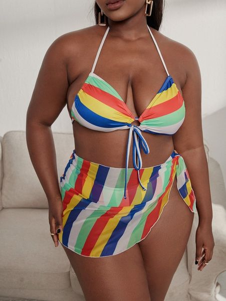 

sxy 3pack plus striped halter bikini swimsuit & beach skirt n51e#, Black