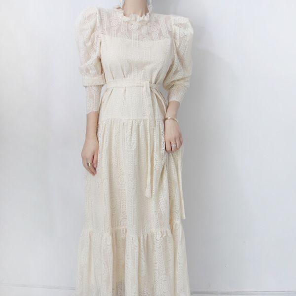 

2021 new vintage women long korean elegant sleeve slightly transprent stand collar high waist lace trim ruffle hem casual robe 0z2d, Black;gray