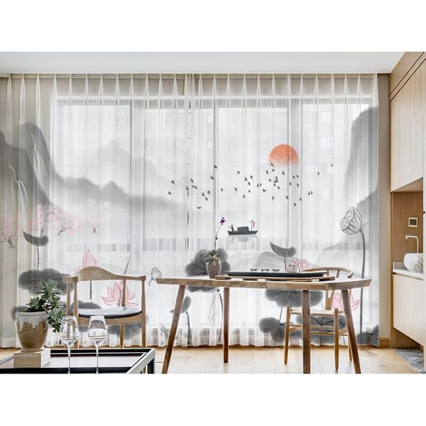 

curtain & drapes customized chinese ink landscape lotus mesh curtains study balcony living room villa club bay window door