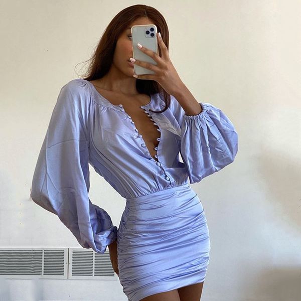 

2021 new autumn long puff single neck breasted high-waist buttons purple short mini dress female b8mr, Black;gray