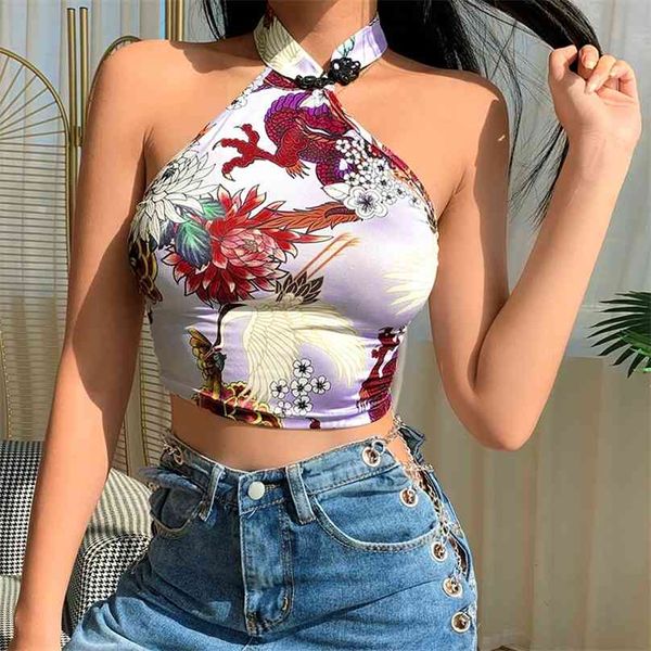 Moda senhoras estilo chinês tops Dragon Floral Tee Backless Neck sem Mangas Slim Slim Verão Verão Streetwear Crop Top Tank 210607