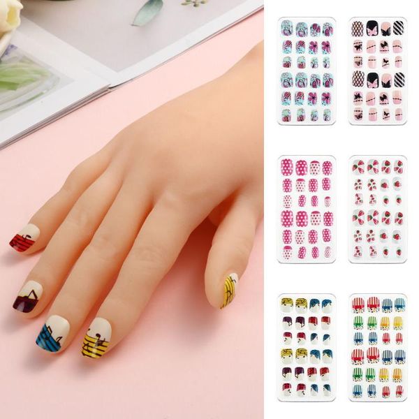 

false nails 24 pcs detachable child wearable fake kids artificial full cover nail tips diy manicure tool press on, Red;gold