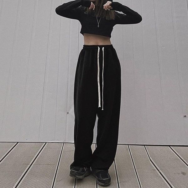 

women's pants & capris black women summer drawstring wide-leg jogger trousers with harajuku elastics high waist streetwear cotton punk, Black;white
