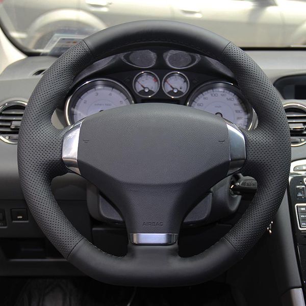 

steering wheel covers hand-stitched black artificial leather diy cover for 408 2013