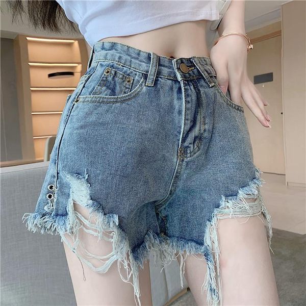 

women's jeans summer style korean ripped hole design edge high waist loose denim shorts women, Blue