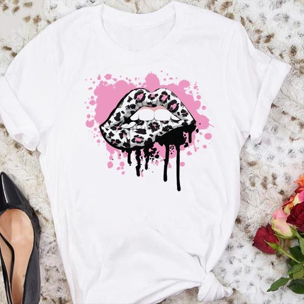 

summer leopard lip watercolor trend women cartoon tshirts fashion clothes graphic t lady print tee shirt, White
