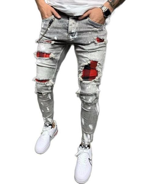 Brand Herren Bestickte Steppjeans Skinny Elastischer Gürtel Jogging