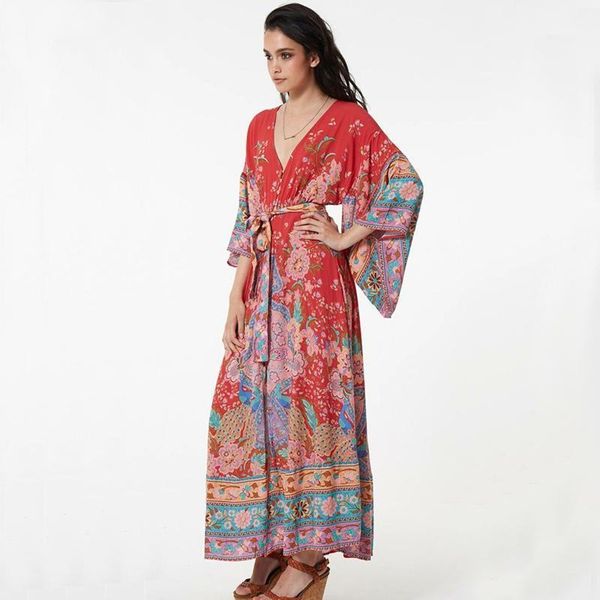 

floral patterns bohemian dress v-neck cotton long sleeve vintage plus size kimono kaftan beach summer tunic cover up a172 women's swimw, White;black