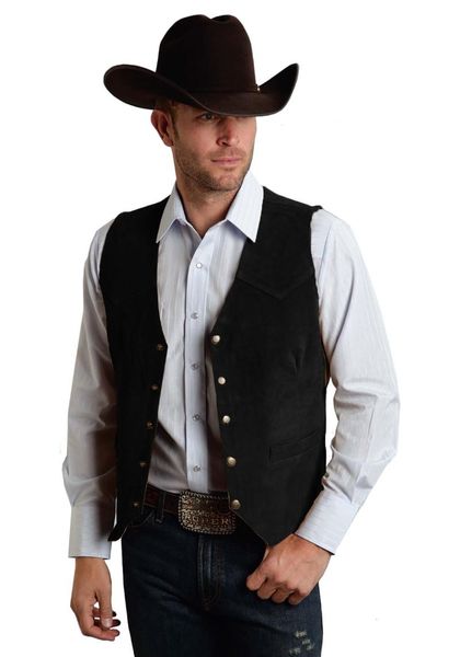 

men's vests suede leather suit vest vintage cowboy style jacket slim fit waistcoats, Black;white