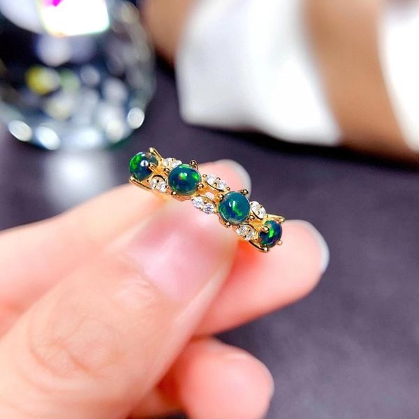 

cluster rings meibapj natural black opal 4 beads gemstone fashion golden for women real 925 sterling silver charm fine wedding jewelry, Golden;silver