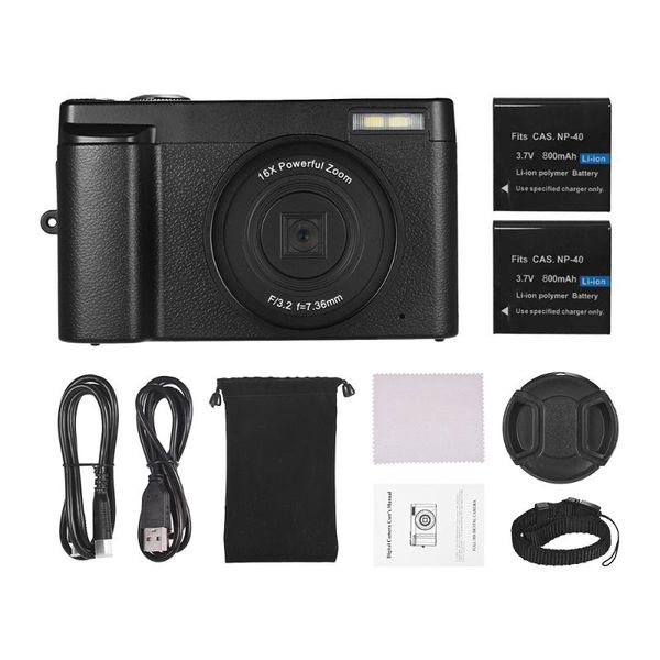 

camcorders vlog 1080p full hd digital video mini camera 24mp 16x zoom wifi face detection anti-shake(2pcs rechargeable batteries)
