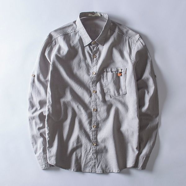 

2021 new unique design long sleeve gray men linen autumn solid fashion flax shirts mlae square collar business shirt mens overhemd w5tu, White