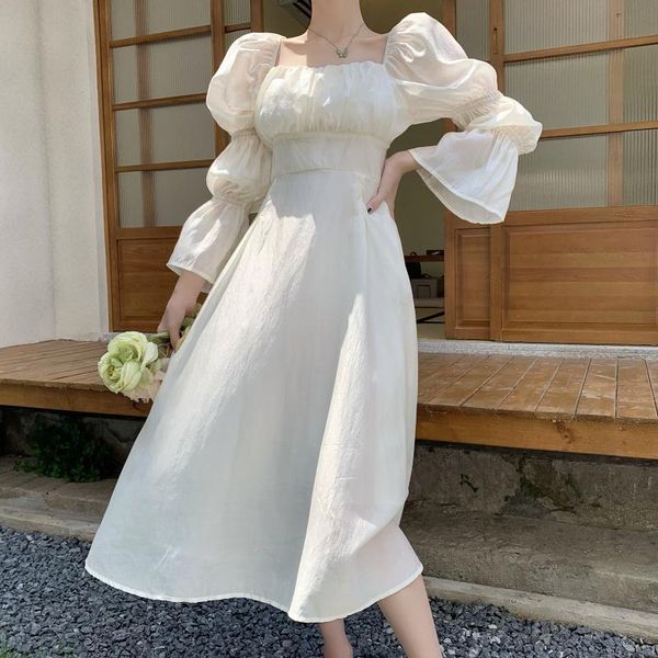

casual dresses puff sleeve dress apricot high waist a-line solid elegant pink long wommer vintage loose fairy femme robe, Black;gray