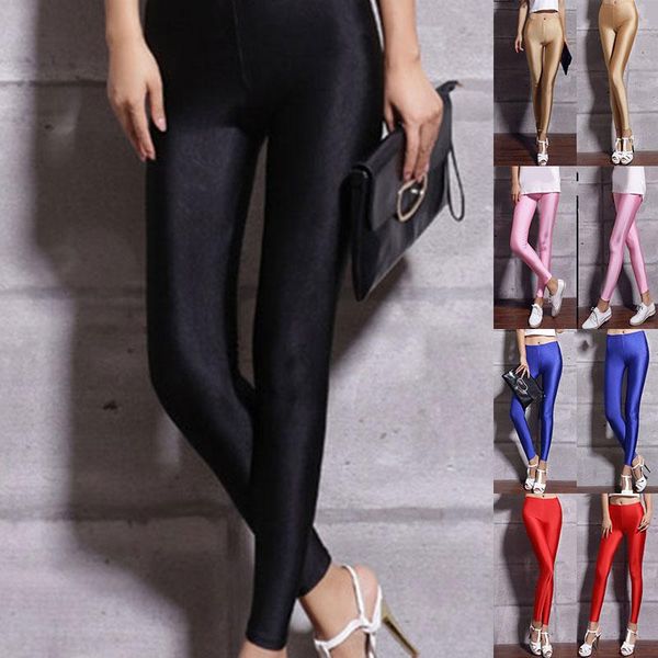 

women slim bottoms high waist pants comfortable fashion solid color dance trousers gloss hosiery pants silky shiny leggings, Black
