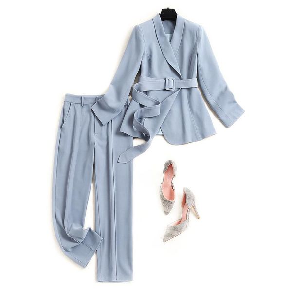 

women's two piece pants european quality suit 2 set women 2021 early autumn lapel coat pencil with belt 15267, White