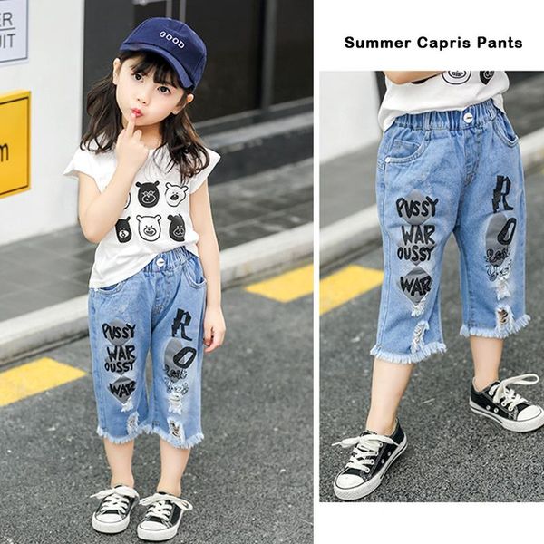 

jeans ienens 3-12y child baby girls pants elastic waist casual cropped trousers clothes children infants girl fashion print clothing, Blue