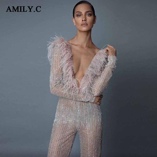 

women's jumpsuits & rompers 2021 latest gold jumpsuit long sleeve v-neck halter feather sequins party, Black;white