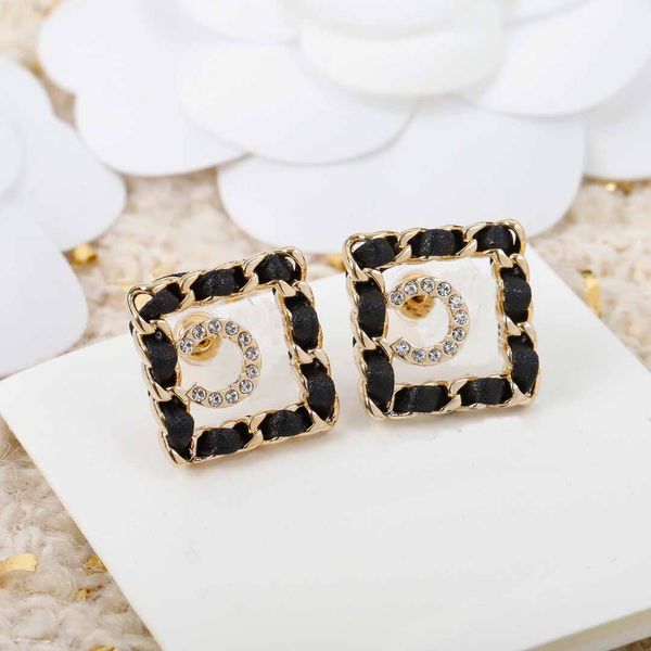 

square shape stud earring with dimaond and leather for women wedding jewelry gift hollow style wedding jewelry gift fr, Golden