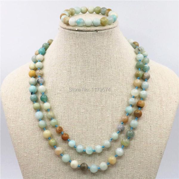 

earrings & necklace 8mm natural stone amazonite beads chain bracelet sets girls christmas gifts jewelry making 36inch, Silver