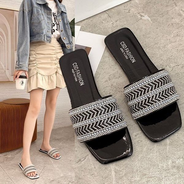 

sandals and slippers women flat square nose strass soft sole women's fashion all-women's shoes trend selling, Black
